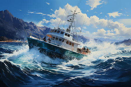 出海捕捞海浪中航行的渔船插画