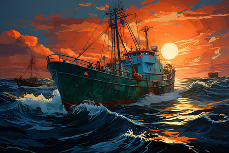 渔船出海汹涌的海上渔船插画