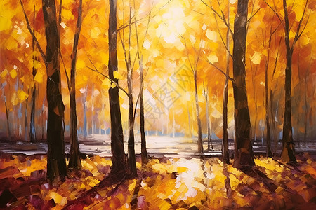 秋季金黄的树叶油画背景图片