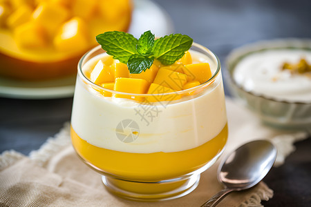 芒果味甜品玻璃碗中健康的酸奶背景