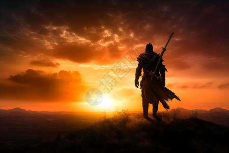 夕阳下的盔甲战士背景图片