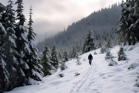 冬季森林中行走的男性背景图片