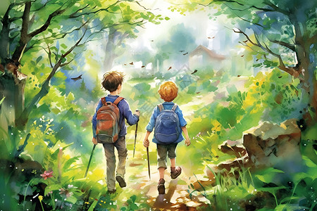 行走男孩森林中行走的男孩插画