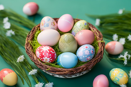 篮子里的彩色彩蛋背景图片