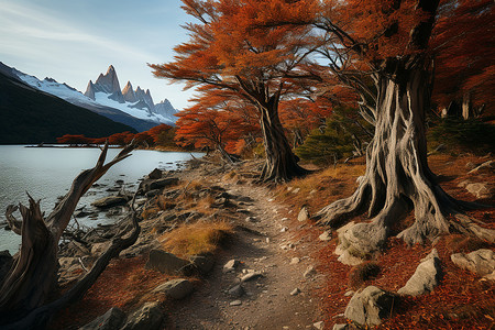 湖畔秋色的美丽景观背景图片