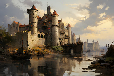 河畔古堡的油画插图背景图片