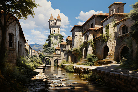油画中的古堡街景背景图片