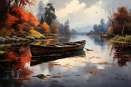 河畔的渔船油画背景图片