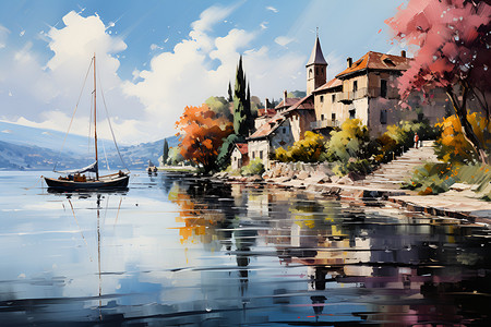 河畔渔船的油画插图背景图片