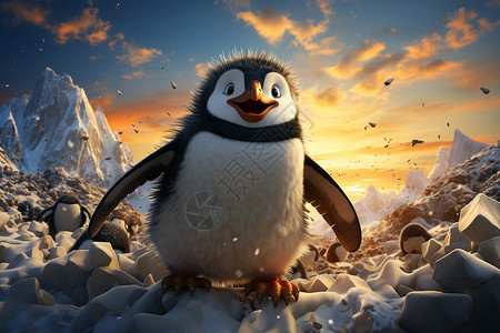 企鹅在雪地上探险背景图片