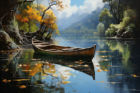 河畔渔船的油画背景图片