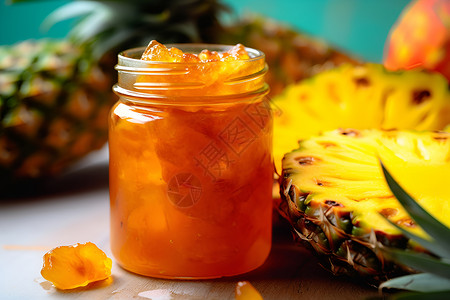 玻璃罐里的菠萝果酱背景图片