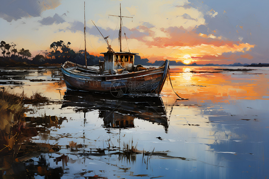 河边渔船的油画图片