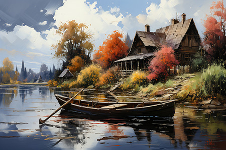 湖泊的渔船油画背景图片