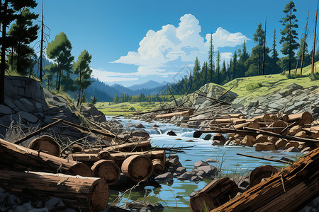 河流被木头阻碍的河流插画