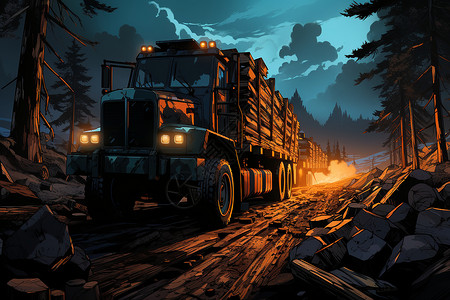 满载而归的木材卡车插画