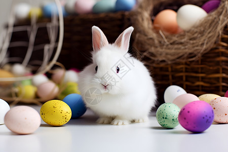 复活节季地板上的彩蛋和小兔子背景