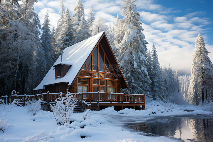 白雪覆盖的森林小屋图片