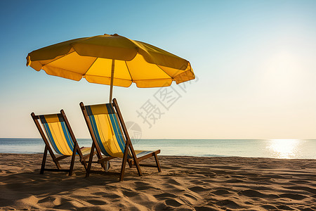 阳伞阳光下的海滩躺椅背景