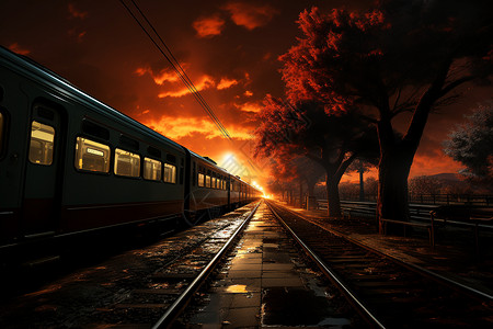 日落时行驶中的火车背景图片
