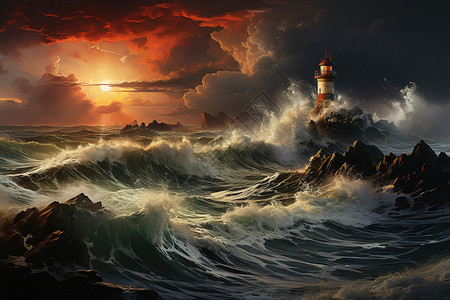 海洋风暴风暴中的灯塔插画