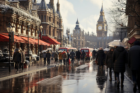 雨天行人繁忙的城市商业街设计图片