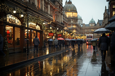 雨天行人繁忙的城市道路设计图片