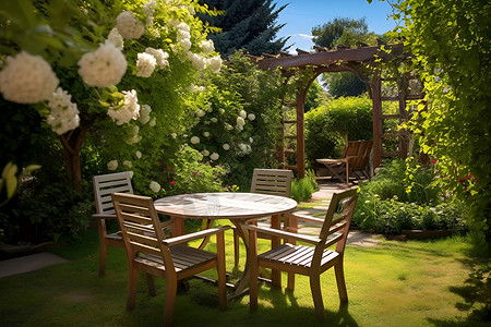 庭院花园里的桌椅高清图片
