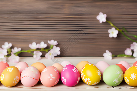 复活节装饰彩绘蛋与白花饰品背景