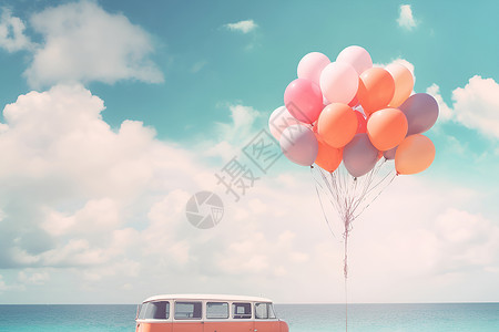汽车 蓝天海边停着一辆带气球的面包车背景