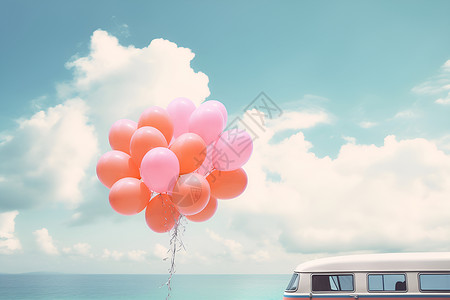 插画汽车海滩上的气球背景