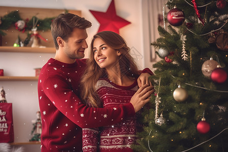 圣诞树前的夫妻背景图片