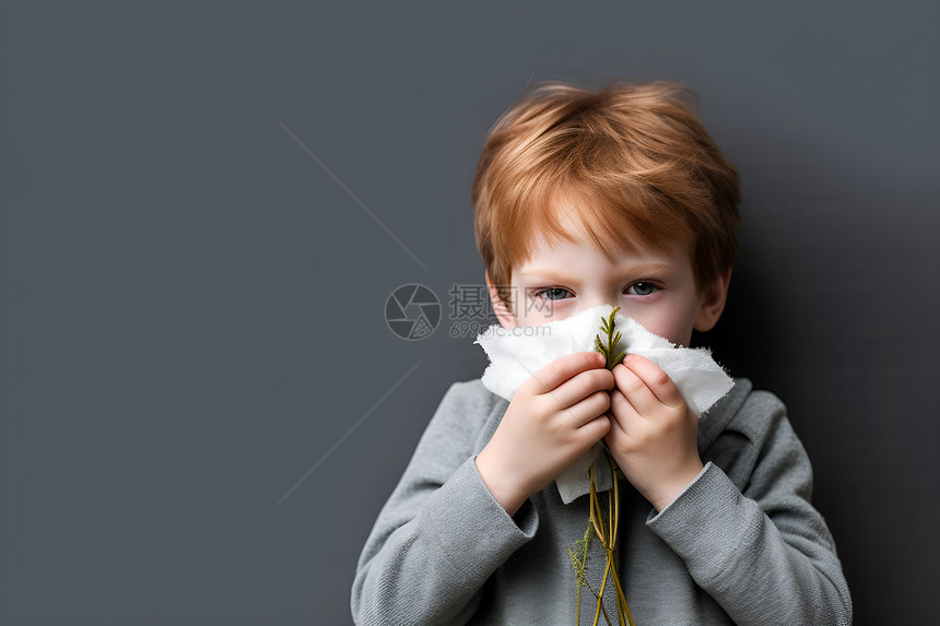 小男孩用纸巾捂住鼻子图片