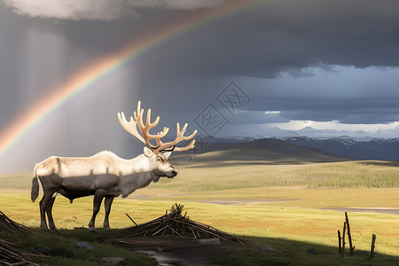 彩虹下的巨角麋鹿背景图片