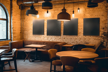 餐厅里的砖墙和木制家具背景图片