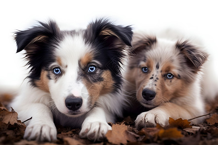两只小狗躺在一堆树叶上背景图片