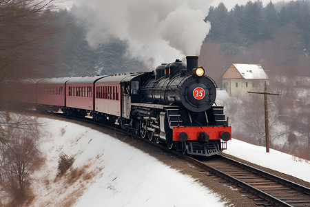 古老火车和雪山行车高清图片