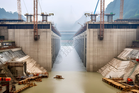 贝尔峡谷水库在建的大坝背景