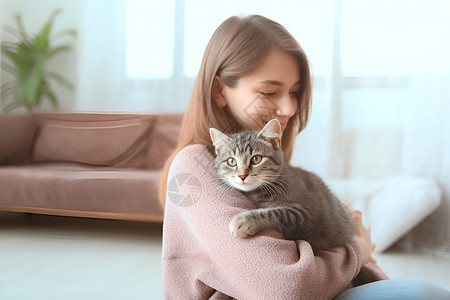 女士抱着猫咪高清图片