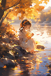 秋日河畔的少女背景图片