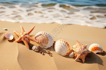 沙滩上的贝壳群高清图片