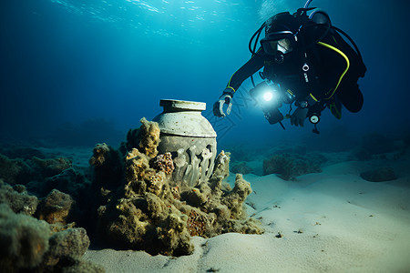 海底废墟海底探险的潜水员背景
