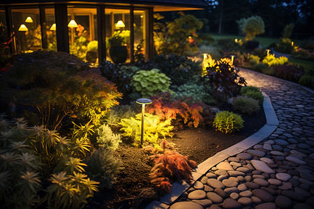 夜晚花园的小径背景图片