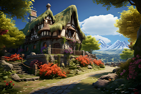 山林中的魔幻小屋背景图片