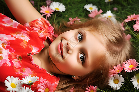 花朵上小女孩躺在花田上的小女孩背景