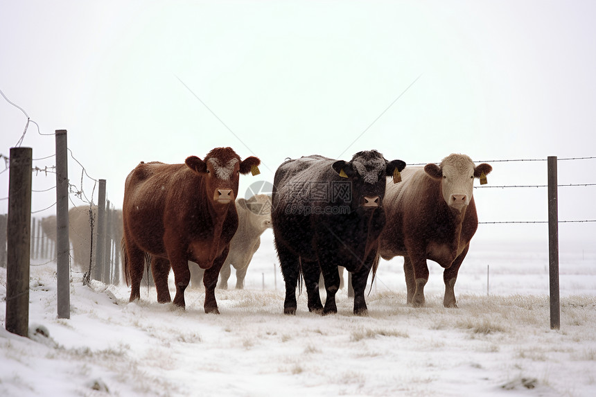 冬季雪地中的牛群图片