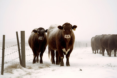 冬季农舍中的牛群背景图片