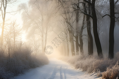 林间的冰雪和小路背景图片
