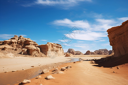 沙漠中的河流与蓝天背景图片