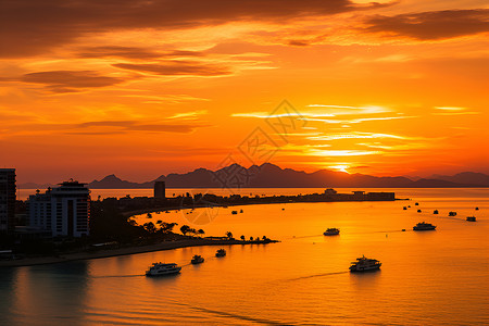 夕阳下的港口城市背景图片